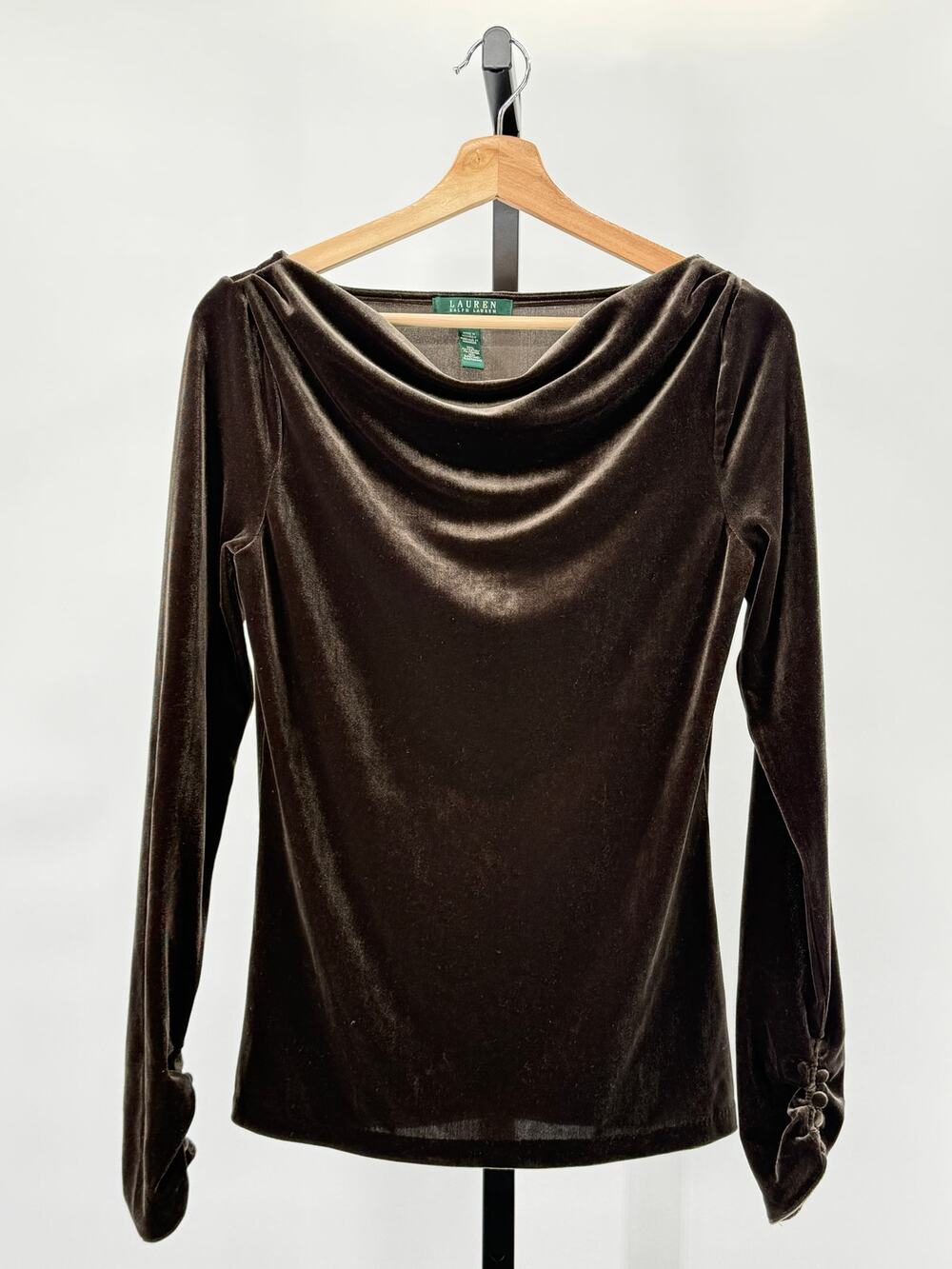 Lauren Ralph Lauren Brown Velvet Boatneck Pull Over M Top Moody Dramatic Fall